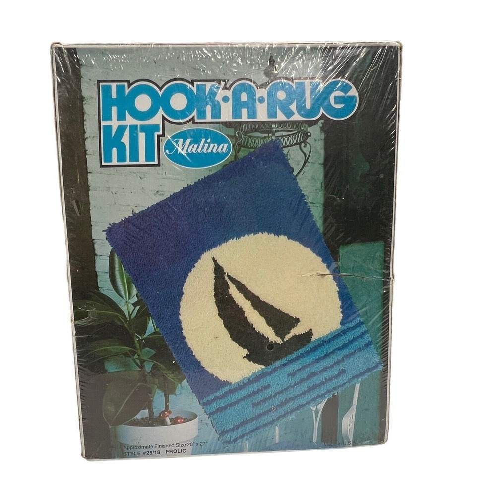 Vintage Malina Frolic Sailboat Moon Hook A Rug Kit Sailing Boating 20x27